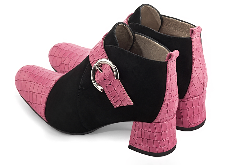 Carnation pink and matt black women's elegant sneakers. Round toe. Low flare heels. Rear view - Florence KOOIJMAN